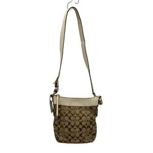 Auth COACH Signature Duffle Shoulder Bag 10402 Khaki Cream Jacquard Leather